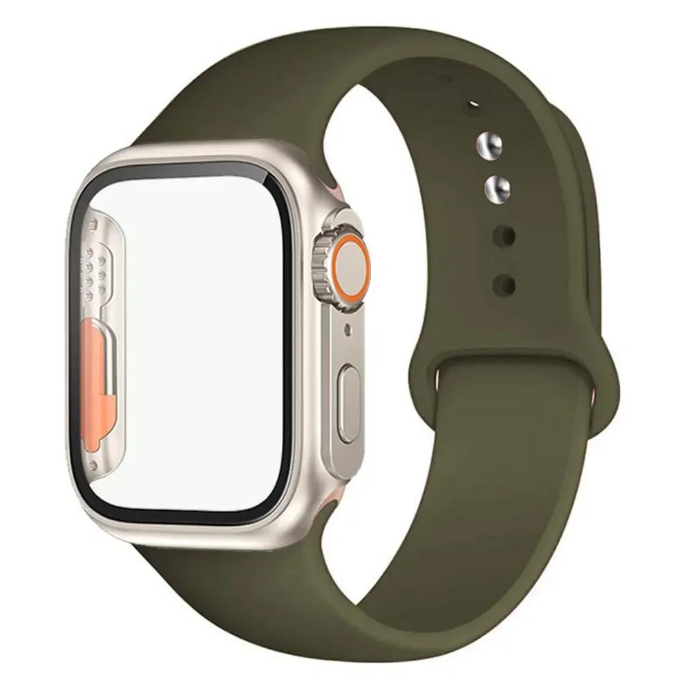 Silicone Strap+Case For Apple Watch Band 44mm 45mm 41mm 40mm Tempered Glass Cover Change to Ultra iWatch Series 9 8 7 SE 6 5 3