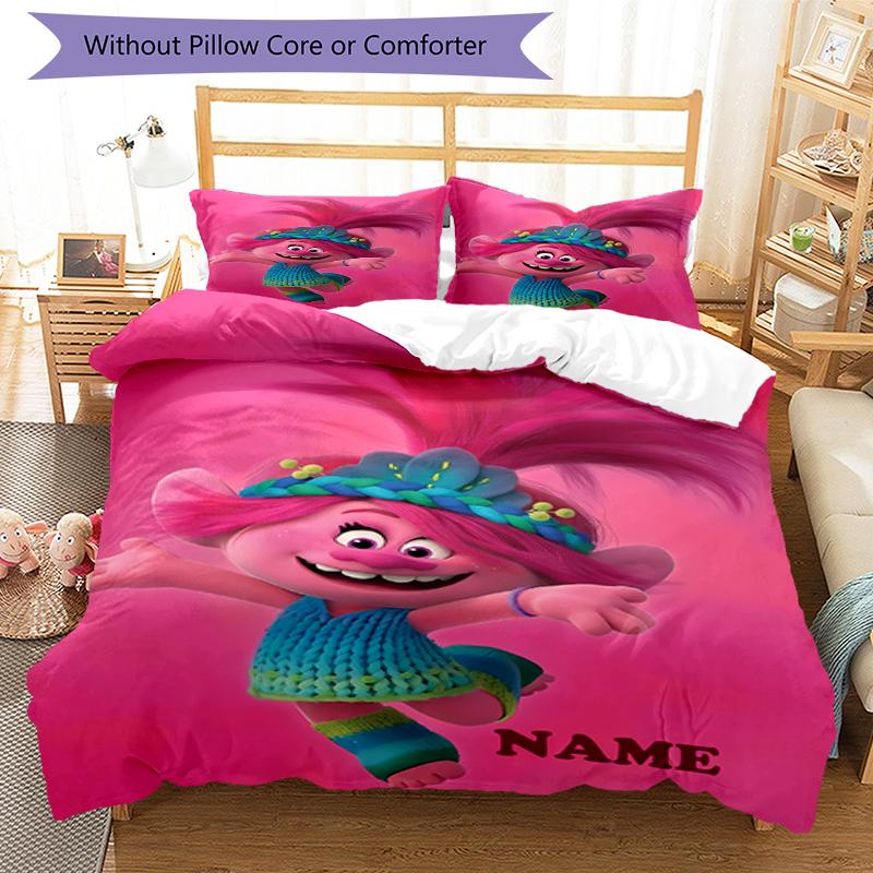 3pcs Custom Name Trolls Bedding Set Duvet Cover Closure Includes 1 Duvet Cover & 2 Pillowcases, Soft and Comfortable for All Seasons.