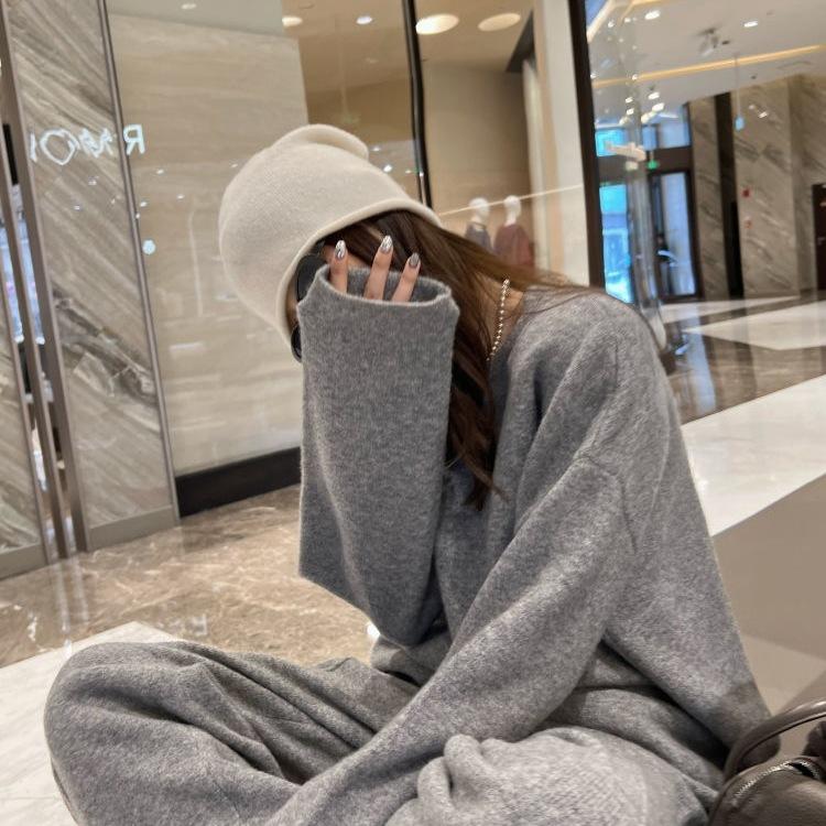 Korean Style Soft and Lazy Style Knitted Suit Autumn and Winter Gentle Round Neck Pullover Sweater Wide Leg Pants Two-piece Set for Women