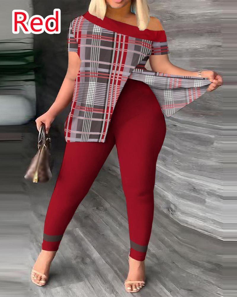 

Летний модный комплект из двух предметов с принтом, женская футболка с открытыми плечами и короткими рукавами, леггинсы, тонкий женский костюм из 2 предметов XXXL красный