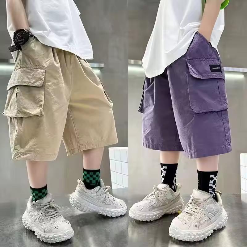 Boys' Summer Lightweight Workwear Shorts Medium-Large Kids' Elastic Waist Pants Multi-Pocket Casual Pants