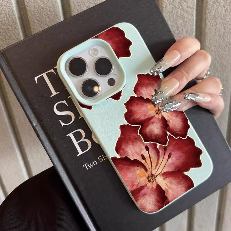 Lichee Pattern Elegant Red Hibiscus Flower Phone Case For IPhone 17 15 14 13 12 11 16 Pro Max  Air 15 Plus 16E Cover Soft Fundas