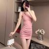 Spring and summer pure lust, Spice Girl slanted shoulder vest skirt, women's waist slim and thin pleated hip-wrapped dress