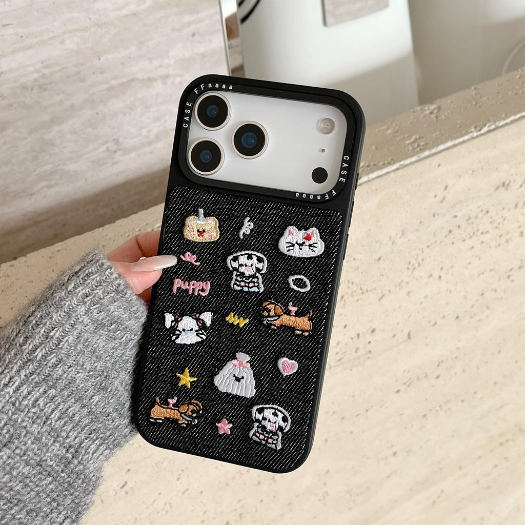 Fashion Denim Embroidery Cute Puppy Small Animal Shockproof Protective Phone Cover Case for iPhone 17 16 15 14 Pro Max
