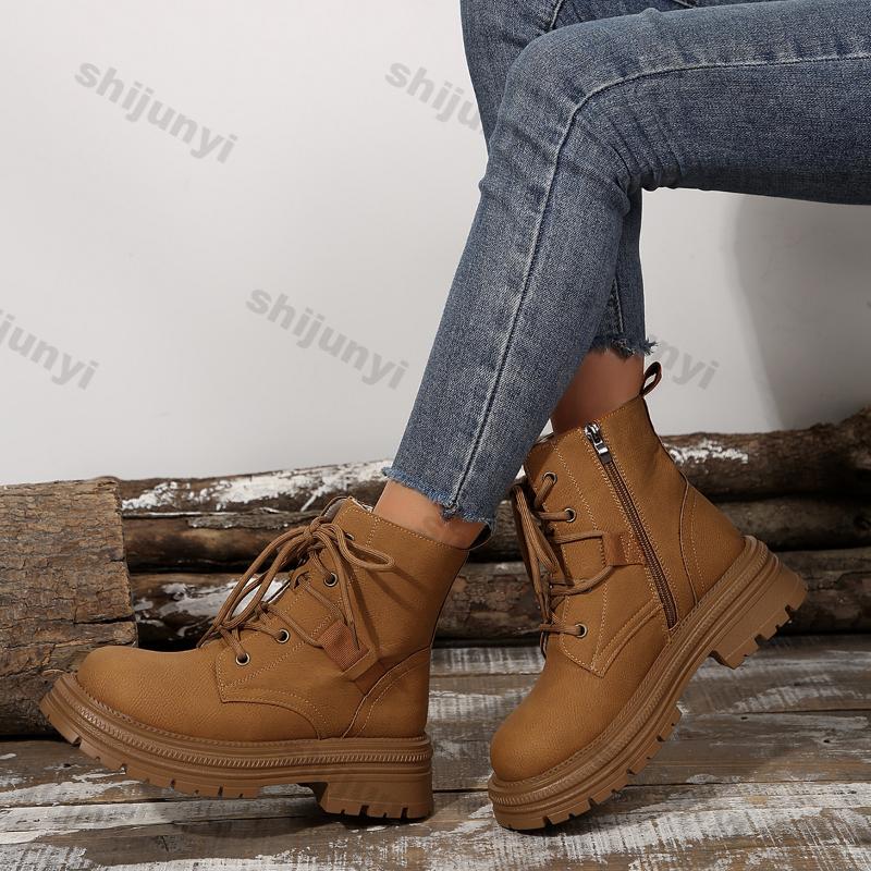 Mode Damen Retro Braune Plateau Kampfstiefel Herbst Winter Schnürstiefel mit Seitlichem Reißverschluss Stiefeletten Frau Dicke Sohle Wildlederimitat Botas Mujer