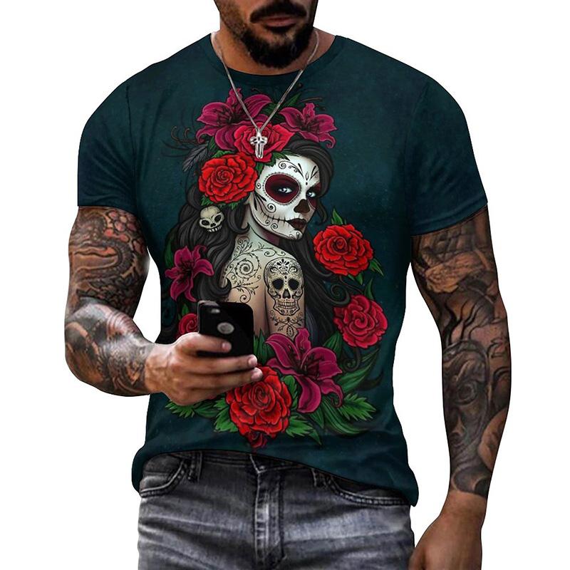 Summer Round Neck 3D Mexican Day of the Dead Skull Pattern Print Top Fashionable Casual Short Sleeved Men's T-shirts