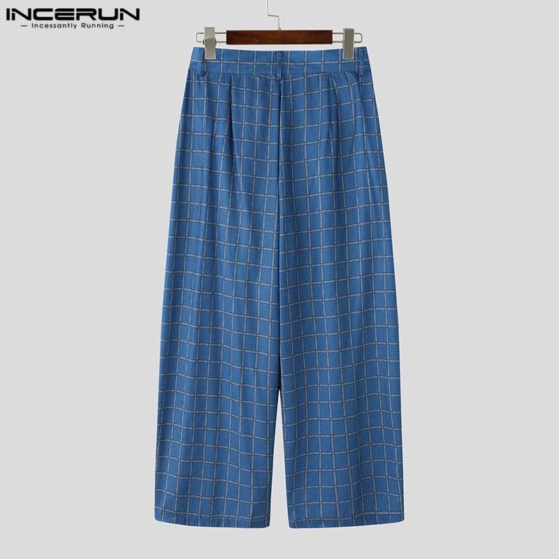 INCERUN Men Casual Zip-up Waist Plaid Wide Legs Pants Long Trousers