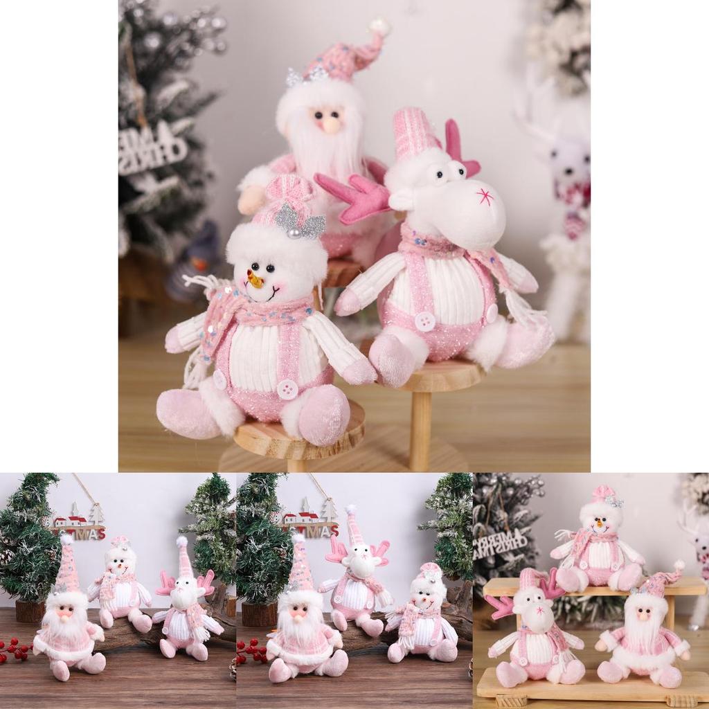 Adorable Pink Snowman And Reindeer Plush Figurines For Christmas Holiday Decor