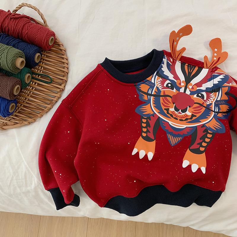 Boy Red Fleece Lunar New Year Sweatshirt Dragon Theme Festive Chinese New Year Outfit 120
