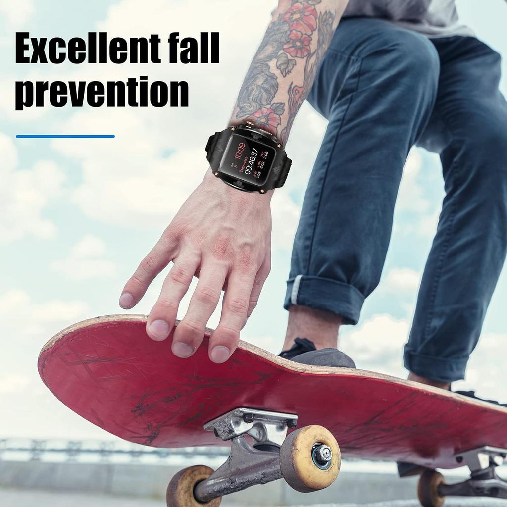 Luxury Metal Case for Apple Watch 8 7 45mm 6 44mm Band with Cover Heavy Duty Rugged Case Silicon Strap for men iWatch 6 5 4 SE 44mm Full Protective