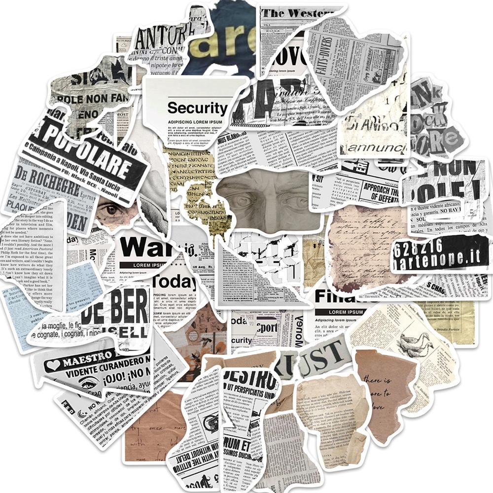 52Pcs Vintage Newspaper PVC Sticker Aesthetic Children's Korean Stationery School Supplies Scrapbooking DIY Decoration Sticker