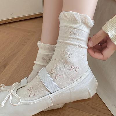 Lace Bubble Mouth Socks Pure Cotton Boneless Pile Socks Spring And Autumn Thin Cute Sweet Bow Tube Socks