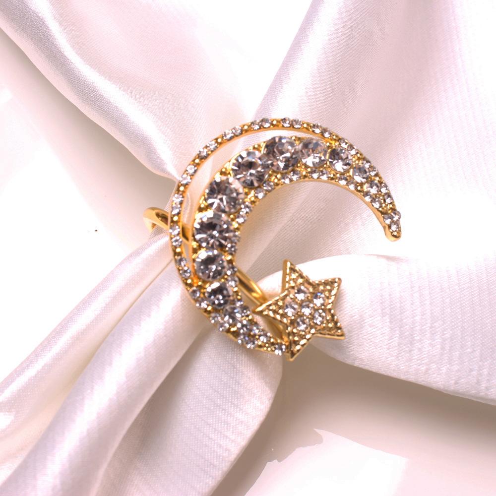 1-30PCS Ramadan Napkin Ring Set Gold Star Moon Design Alloy Crystal Metal Hollow For Holiday Tableware Durable Holder