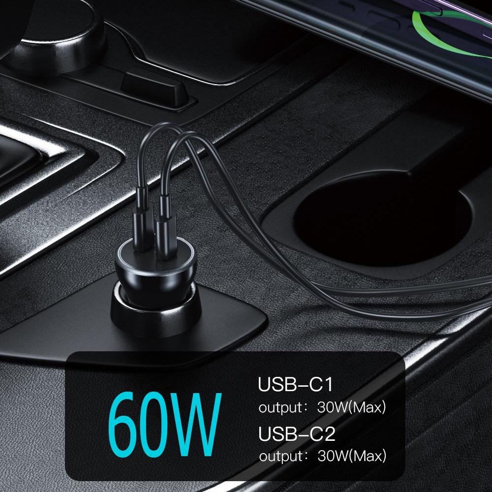 TOTU CC-6 Fast Car Charger Adapter Dual 60W USB-C Ports Cigarette Lighter Car Phone Charger