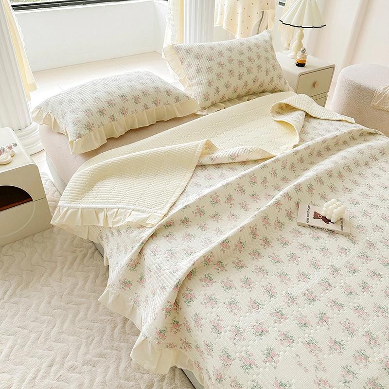 Cotton Quilted Bedspread Set 3 Pieces With Lace Trim Pure Cotton Washed Bed Sheet And Two Pillowcases Soft Breathable Durable Bedding Set