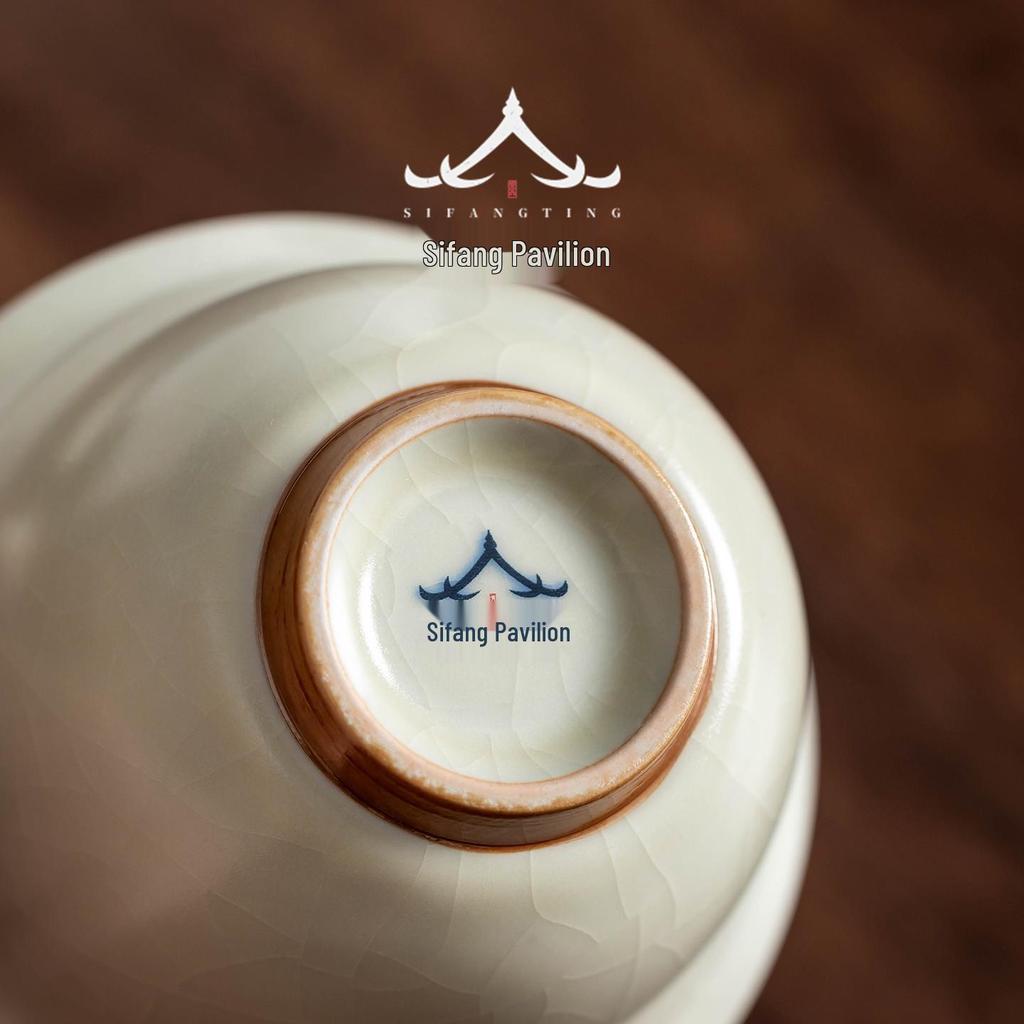 High-End Large Ru Kiln Ceramic Gongfu Tea Set: Three-Piece Lid, Bowl, and Cup.