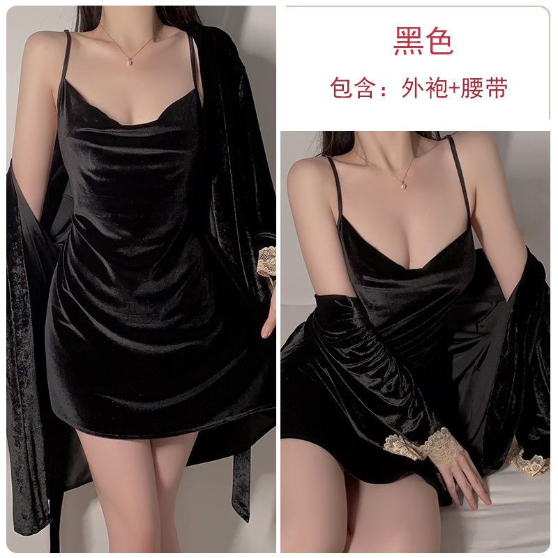 Women's Velvet Lace Backless Cami Sleep Dress with Robe Lounge Set