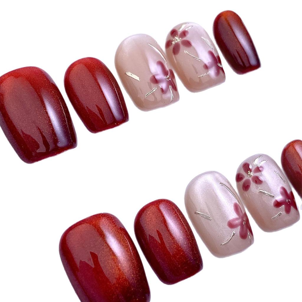 Translucent Wine Red Cat Eye Nails with Gold Foil & Magic Mirror Powder - Short, Square & Round Wearable Detachable Tips. 
