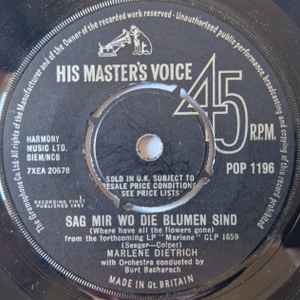 

7inch Record MARLENE DIETRICH - Sag Mir Wo Die Blumen Sind (Where H POP1196 His Master s Vo 1964 UK Jazz Used
