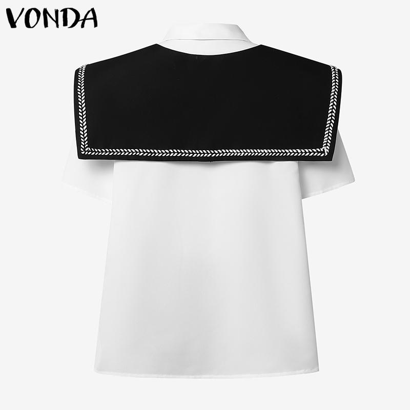 VONDA Two Pieces Women Summer Naval Collar Short Sleeve Preppy Style Tops and Mini Pleated Skirts Sets