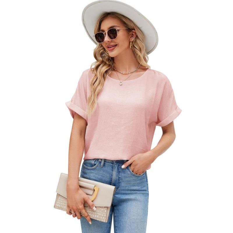 Round Neck Cotton Linen Shirt Women's Short Sleeved Blouse Loose Solid Color Breathable Top