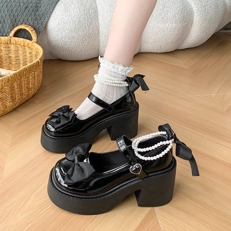 

Women s High Heels Shoes High Quality Round Toe Mary Jane Bow Buckle Women High Heels Thick Heeled Lolita Platform Shoes Tacones 35