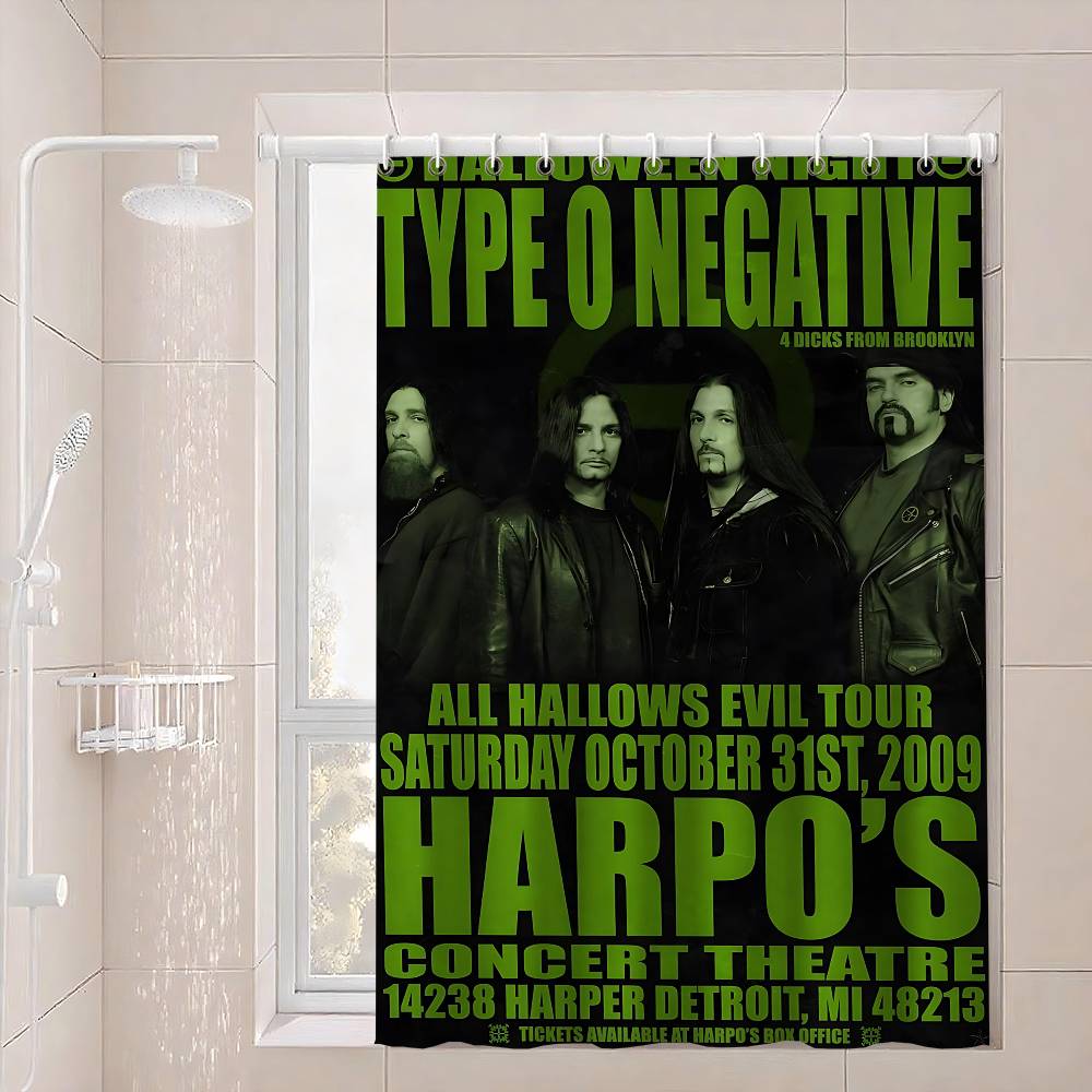 Rock Band T-Type O N-Negative Polyester Shower Curtain Waterproof Rust Resistant Grommet Easy Care Wipe Clean Durable