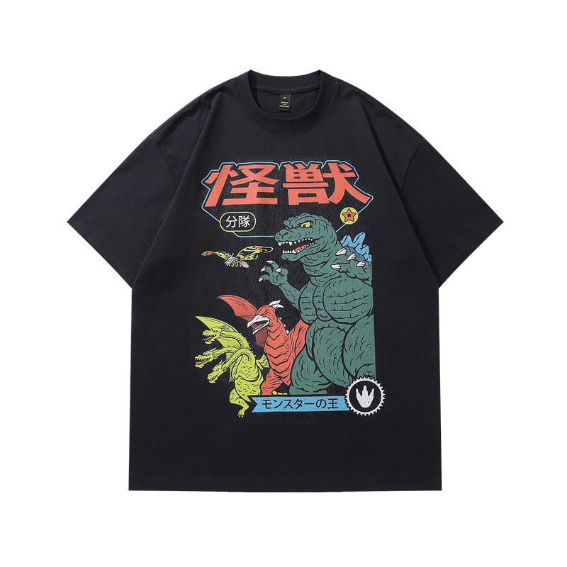 Harajuku Japanese Street Cartoon Print Old Short-Sleeved T-Shirt Men'S Trendy Brand Hip-Hop Loose Washed Five-Quarter Sleeve T-Shirt