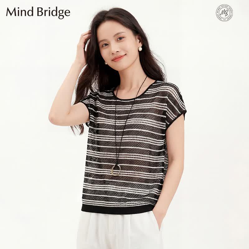 Mind Bridge Women s Retro Striped Knit Short Sleeve T-Shirt F