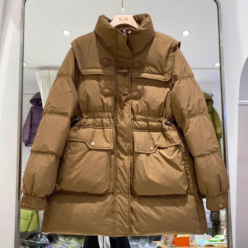 2024 Herbst und Winter College-Stil mittellange und lange Daunenjacke Damen koreanische Version Puppenkragen Hornschnalle verdickte weiße Entendaunenjacke