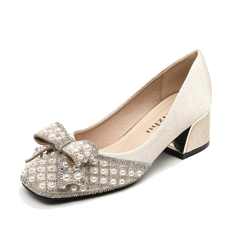 

Модная обувь для женщин Роскошные туфли-лодочки 35-43 Весенняя повседневная обувь для вечеринок Жемчужный бантик Квадратный высокий каблук Обувь для девочек Обувь для платья со стразами 43 абрикосовый