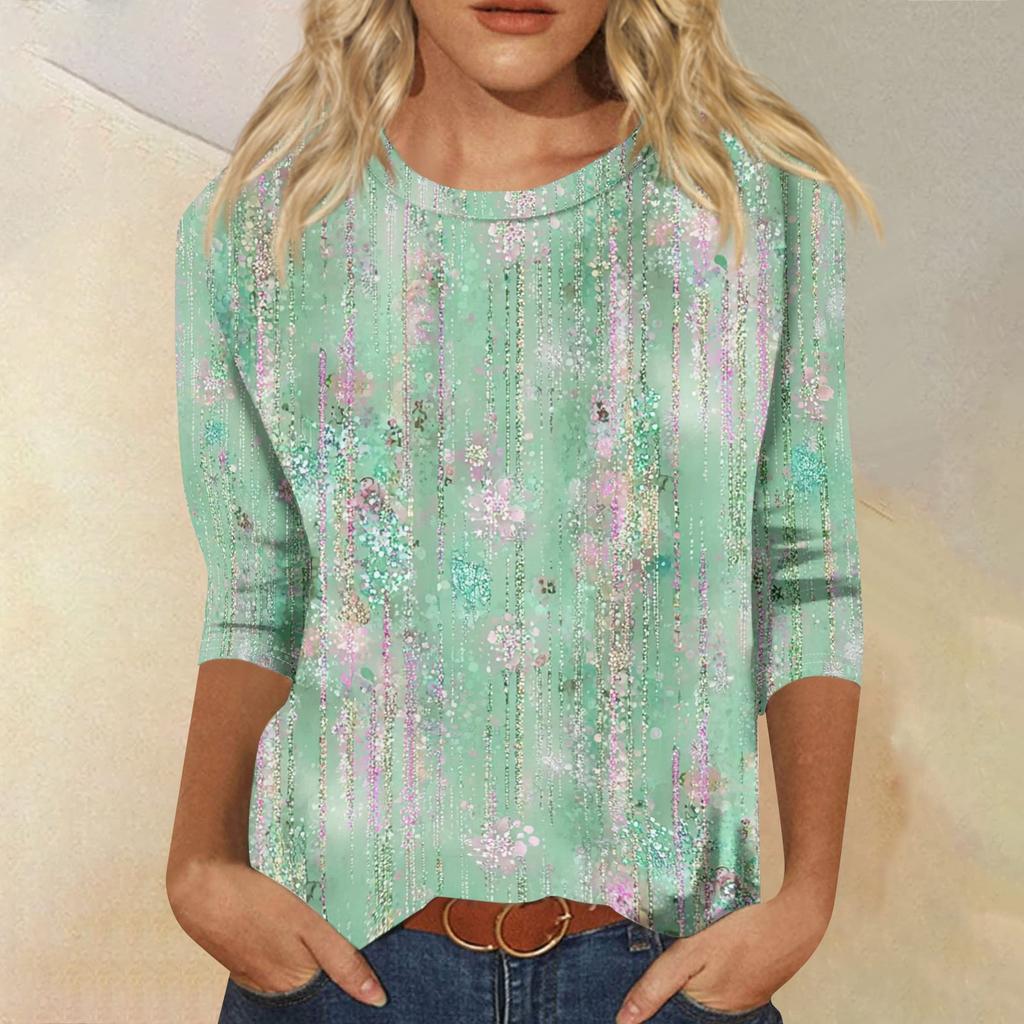 Women's Fashion Casual Round Neck 3/4 Sleeve Loose Printed T-Shirt Ladies Top