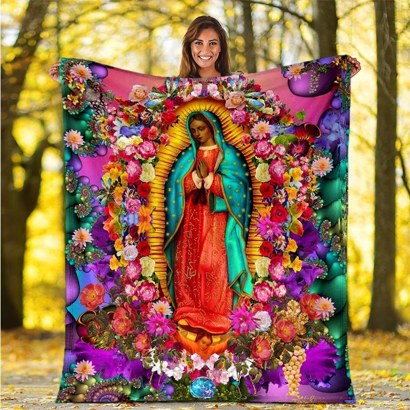 Our Lady of Guadalupe Pattern Flannel Throw Blanket Religion Mary Soft Cover Lightweight Warm for Bedroom Sofa Decor Kids Adults