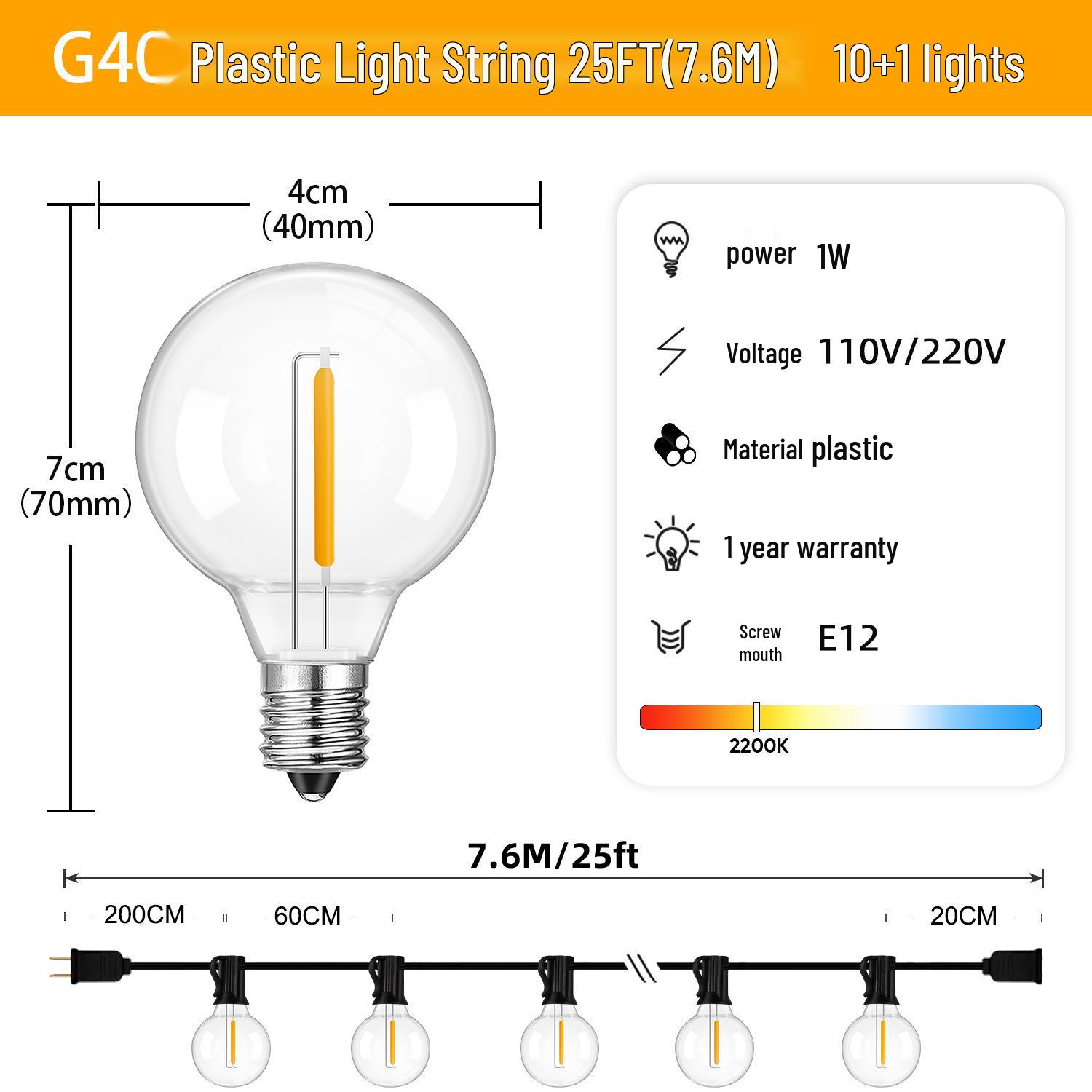 

Водонепроницаемые уличные гирлянды G40 - Идеально подходят для кемпинга, украшения двора и создания рождественской атмосферы US Standard - 110V