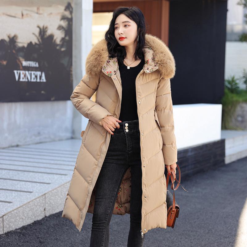 

Женское двухстороннее хлопковое пальто длиной до колена с большим меховым воротником-капюшоном - новая зимняя мода.