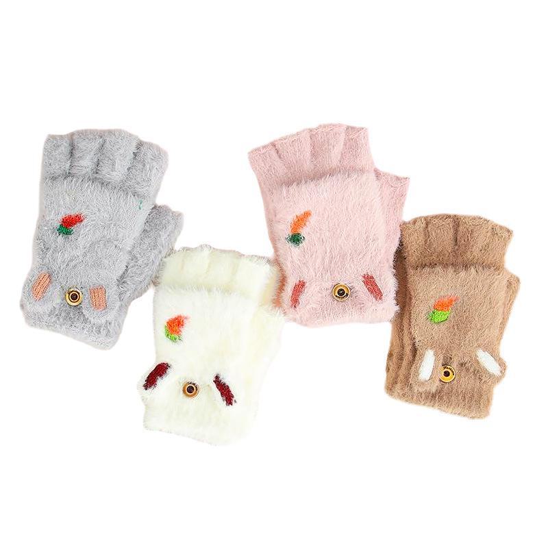 Girls' Cartoon Carrot Flip-Open Plush Gloves - Half-Finger, Thick, Warm for Autumn/Winter