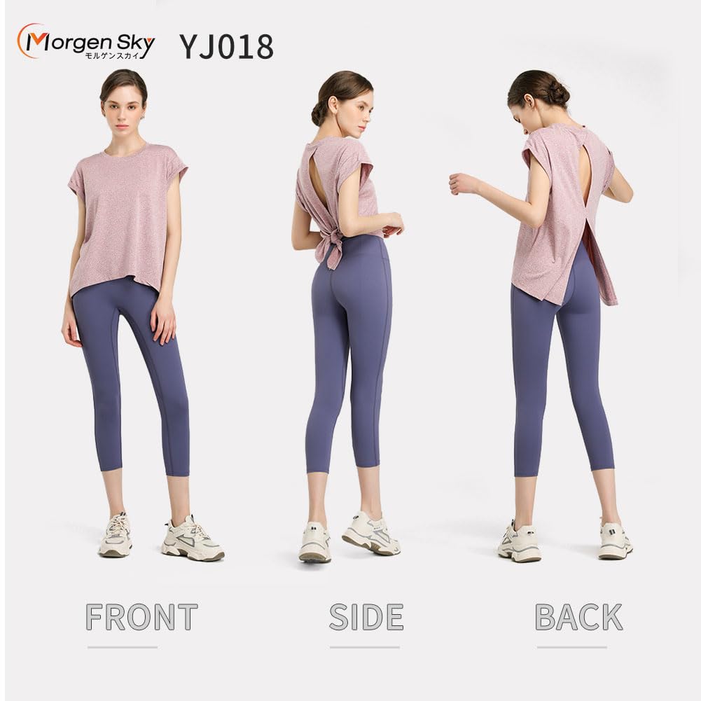 MORGEN SKY Yoga Backless Yoga Open Bow Short Perfect for and YJ018 Women's Top, Shirt, Back, Tie, Quick-Drying, Moisture-Wicking, Sleeve, Yoga,