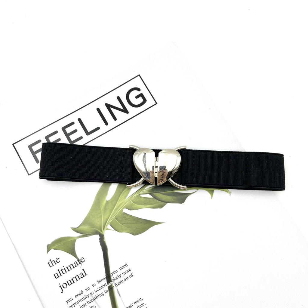 Women Elastic Belts Love Heart Metal Buckle Waist Dress Coat Sweater Decorative Waistband Accessories