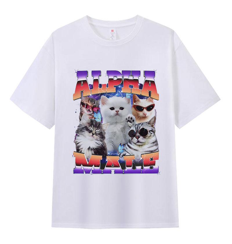 Alpha Hane Kattunge Rolig Meme Humor Grafisk T-shirt Herr Dam Vintage Överdimensionerad Bomulls-T-shirt Lös Rundhals Kortärmad T-shirts