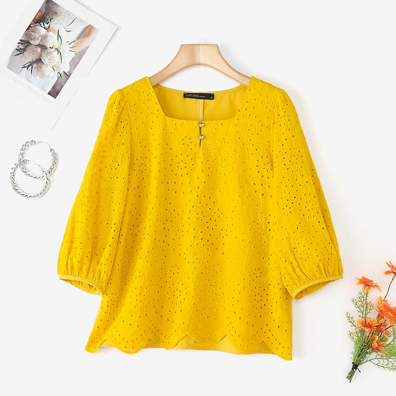 

ZANZEA Женская повседневная блузка с квадратным вырезом, свободным рукавом 3/4, пэчворк, крючком 5XL жёлтый