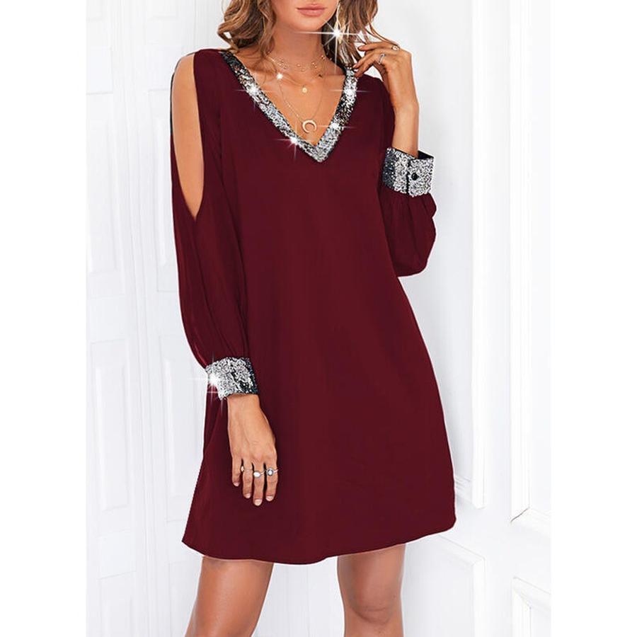 New Women's Solid Color Off-Shoulder Sleeve Casual Fashion Deep V-Neck Patchwork Dress