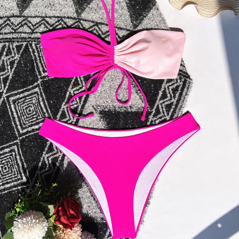 Damen-Bademode, Colorblock, Neckholder, Wickel-Kordelzug, sexy Bikini, brasilianische Strandmode, Badeanzüge