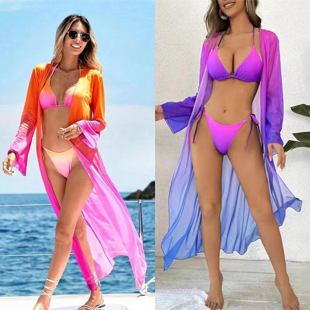 

Women s Gradient Three-Piece Bikini with Mesh Cover-Up S