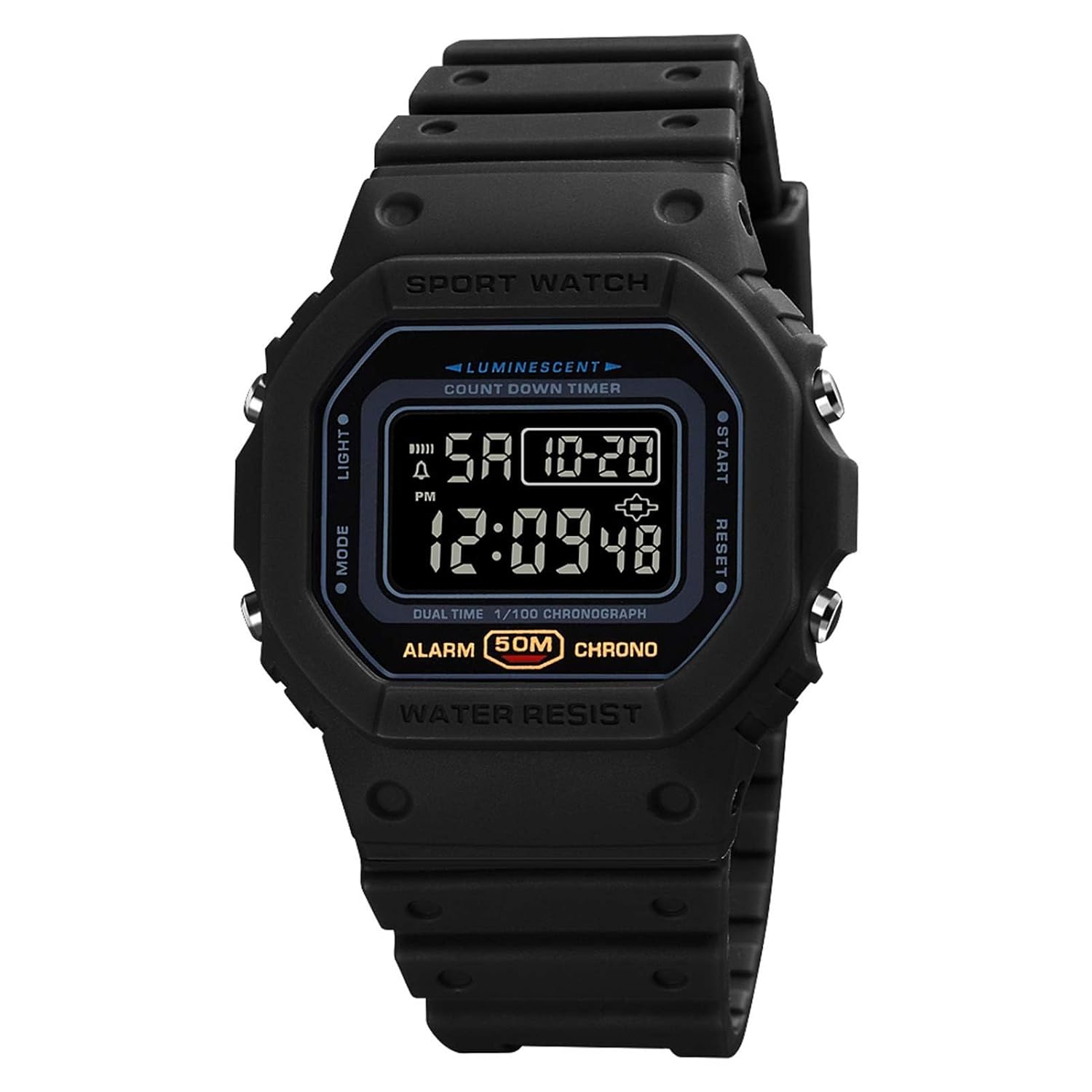 Mens digital sports watch classic waterproof alarm stopwatch countdown LED backlight electronic wristwatch.