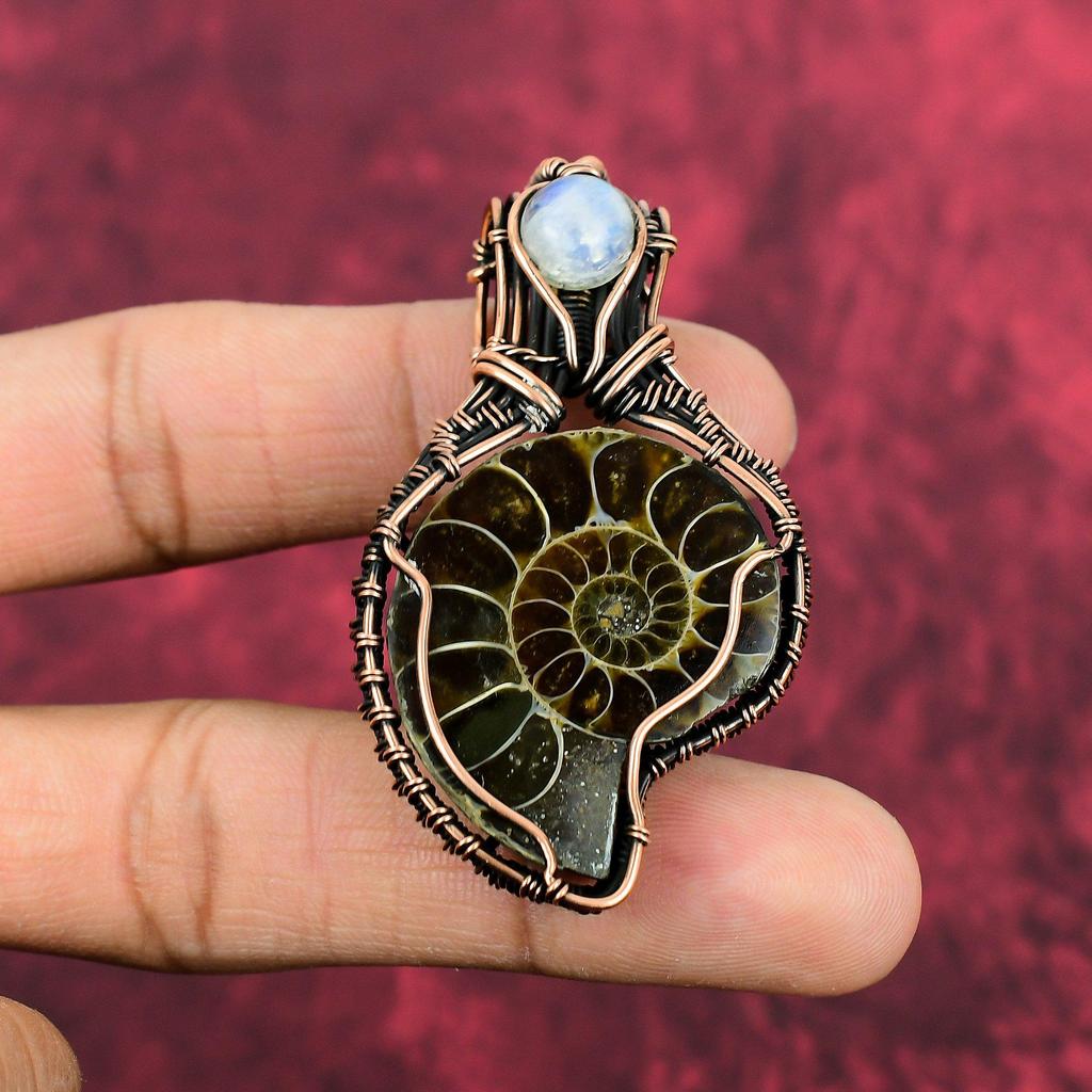 Ammonite Fossil Pendant Copper Wire Wrapped Pendant Rainbow Moonstone Pendant Gemstone Copper Wire Jewelry Anniversary Gift Handmade Pendant