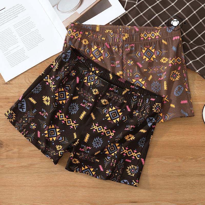 Men Shorts Underwear Ethnic Style Elastic Waistband Mid-rise Boxers Briefs Plaid Print U-Convex Loose Fit Panties Homewea