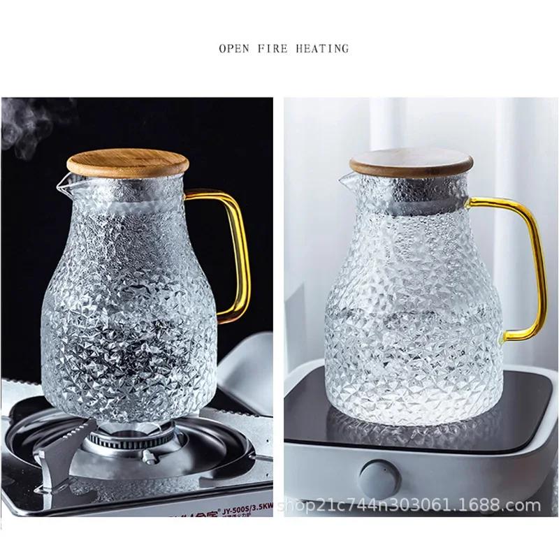 Transparent Glass Water Jug Hot/Cold Tea Pot Stainless Steel Flow Lid Carafe with Handle Heatproof Teapot Set