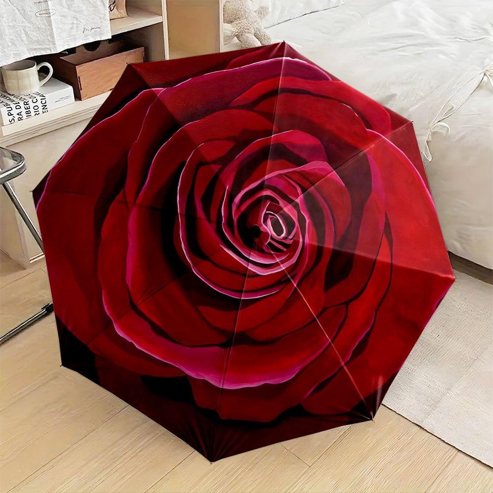 

s Open/Close Folding Umbrella with Layered Burgundy Rose Petals - 8-Rib Compact Travel Umbrella, Self-Opening Sturdy Black Fr (as the picture,Iron&8K)