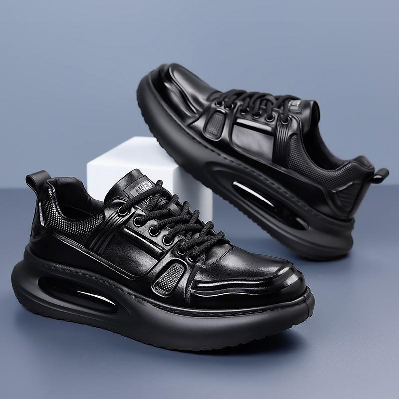 Mens Genuine Leather Casual Sneakers With Thick Rubber Sole Comfortable Breathable Round Toe Lace-Up Shoes Daily Wear