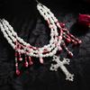 SHIXIN Goth Multi Layer Red Imitation Pearl Choker Necklace for Women Retro Jesus Cross Pendant Necklace Halloween Jewelry Gift